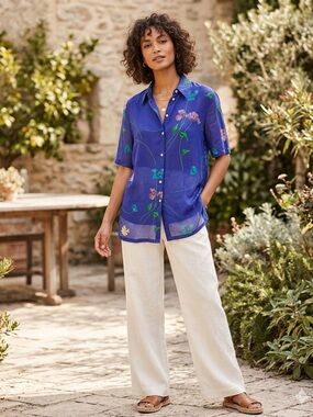 Tru Vibrant Purple Blue Floral Short Sleeve Sheer Blouse Vntage